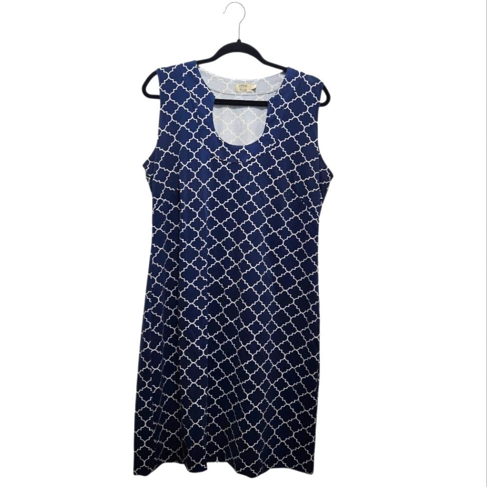 VTG Katherine Way Blue Quatrefoil Print Knee Length Sleeveless Dress Sz L Tactel